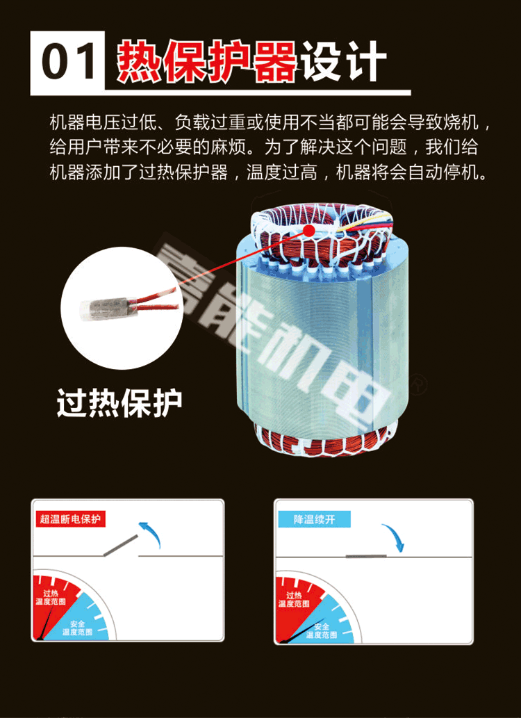 優(yōu)勢(shì)一：繞組接有優(yōu)質(zhì)熱保護(hù)器，在水泵出現(xiàn)溫度過(guò)高的情況時(shí)，會(huì)自動(dòng)停機(jī)，保護(hù)水泵不燒機(jī)